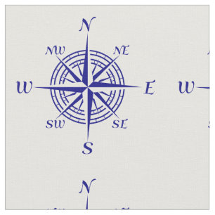 Blue On White Coastal Decor Compass Rose Pattern Fabric