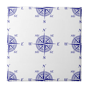 Blue On White Coastal Decor Compass Rose Pattern Tile
