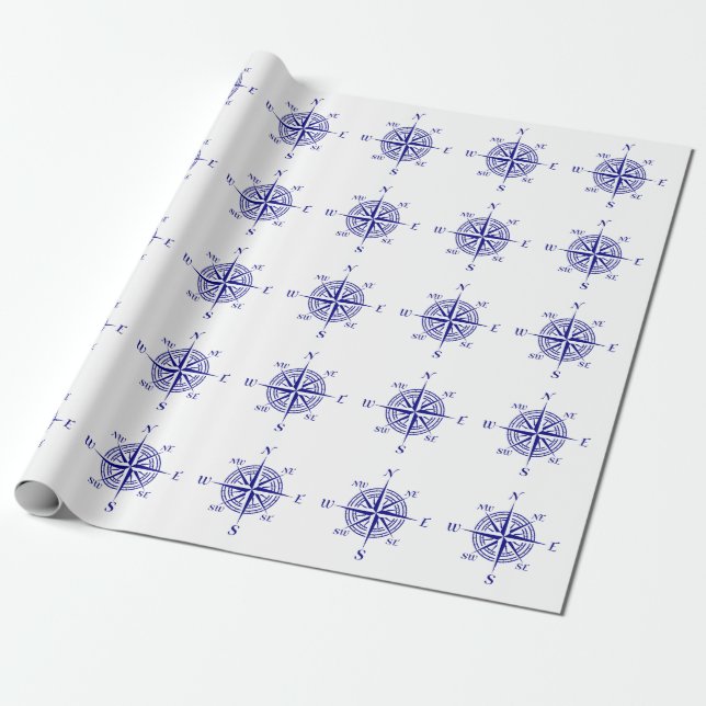 Blue On White Coastal Decor Compass Rose Pattern Wrapping Paper (Unrolled)