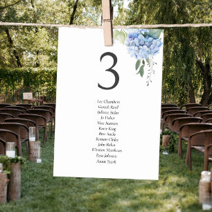 Blue on White Hydrangea Guestlist Table Number