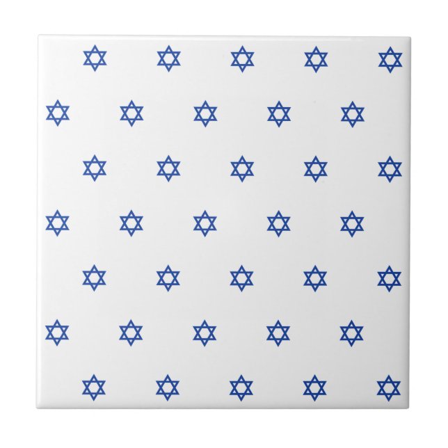 Blue on White Star of David Patterned Ceramic Tile (Front)