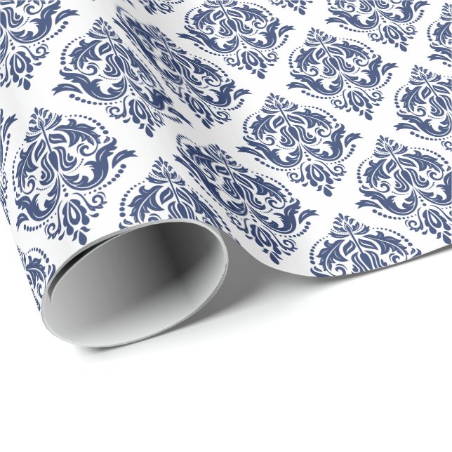 Blue On White Vintage Damasks Pattern Wrapping Paper (Roll Corner)