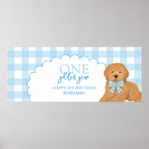 Blue One Golden Year Doodle Puppy 1st Birthday Poster