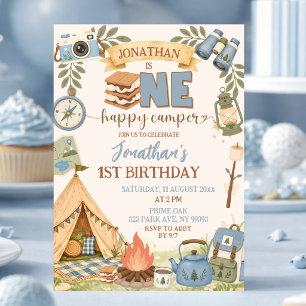 Blue One Happy Camper First Birthday Invitation