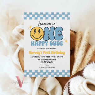Blue ONE HAPPY DUDE Smile Retro Groovy Birthday Invitation