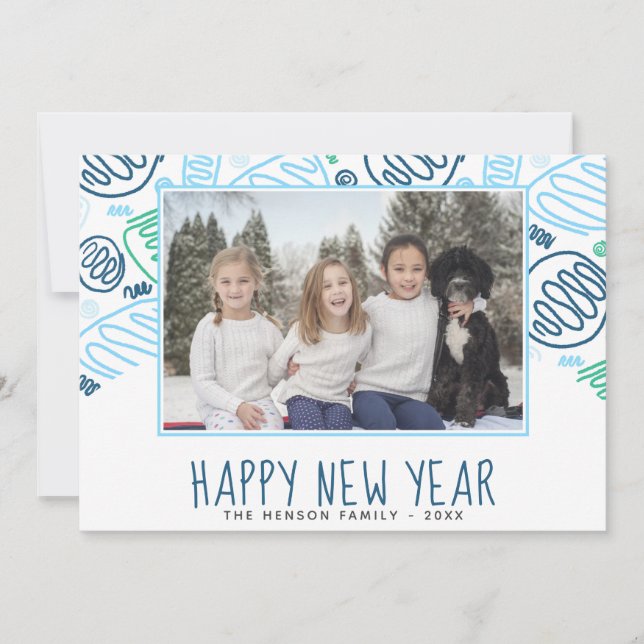 Blue One Line Shapes Pattern Photo New Year Holiday Card (Front)