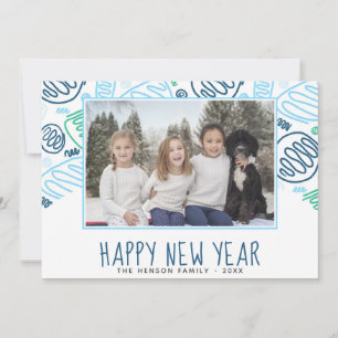 Blue One Line Shapes Pattern Photo New Year Holiday Card