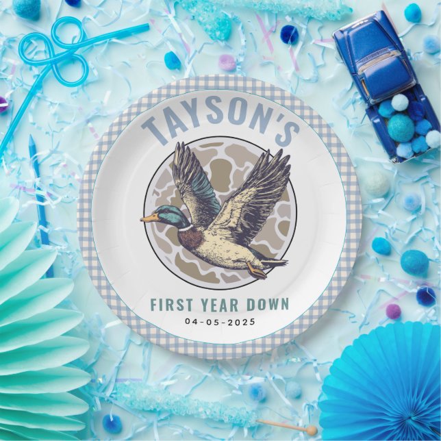 Blue One Lucky Duck 1st Birthday Party Cute Rubber Paper Plate (Party)