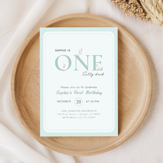 Blue One Silly Duck Bow Baby First Birthday Invitation (Creator Uploaded)