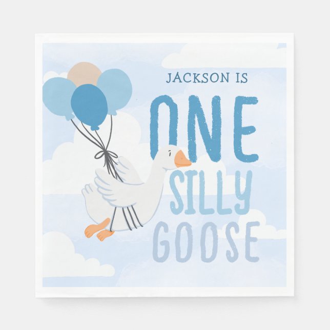 Blue One Silly Goose 1st Birthday Napkin (Front)