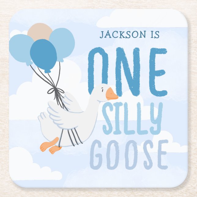 Blue One Silly Goose 1st Birthday Square Paper Coaster (Front)