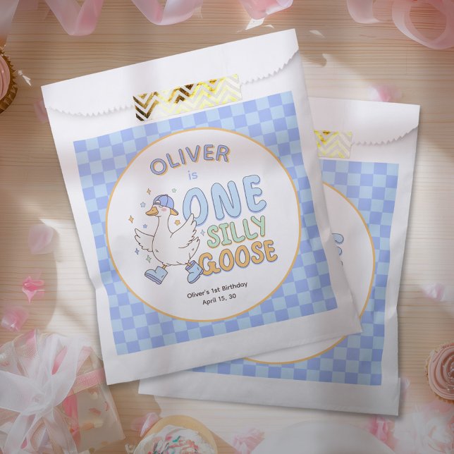 Blue One Silly Goose-Retro Boy First Birthday Favour Bag (Blue Silly Goose-Retro Girl First Birthday Favor Bags.)