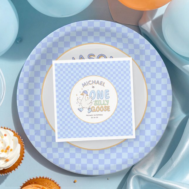 Blue One Silly Goose - Retro Boy First Birthday Napkin (Blue One Silly Goose Retro Boy First Birthday Napkins. Blue checkered pattern Cute Goose party.)