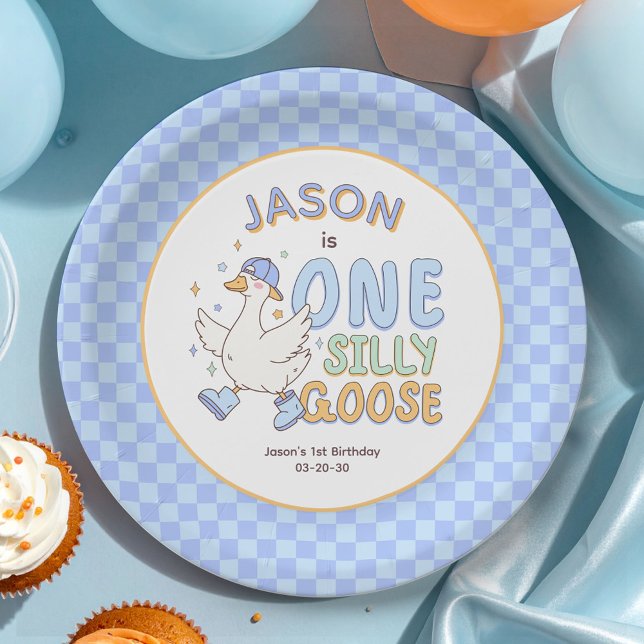 Blue One Silly Goose - Retro Boy First Birthday  Paper Plate (Blue One Silly Goose Birthday Paper Plates. Girl First Birthday Party Paper Plates.)