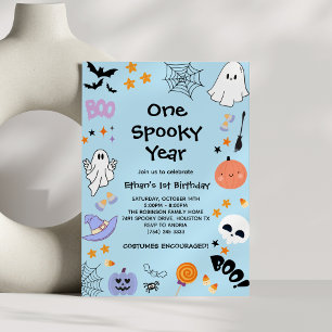 Blue One Spooky Year Ghost Halloween 1st Birthday  Invitation