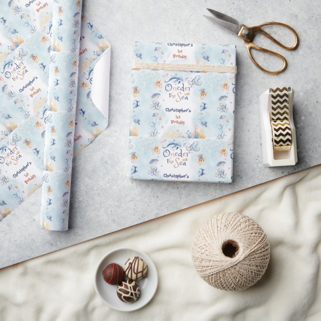 Blue Oneder the sea first birthday Sticker Wrapping Paper (Crafts)