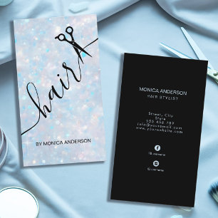 Blue Opal Glitter Hair Script Scissors QR Code Business Card