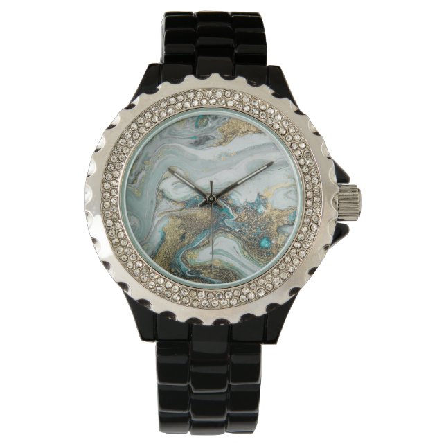 BLUE OPAL MARBLE SPARKLE BLACK BAND WATCH (Front)