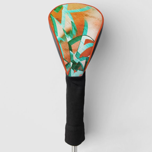 Blue or cyan streaks over rustic reddish orange golf head cover (Front)