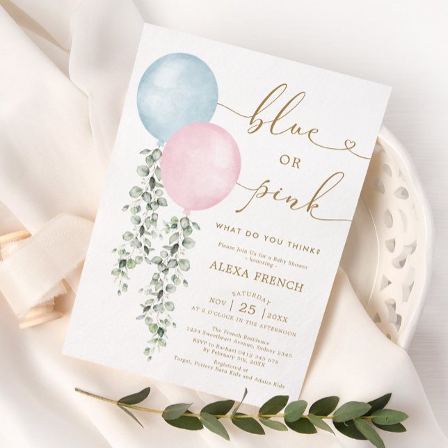 Blue or Pink Balloons Eucalyptus Gender Reveal Inv Invitation (Creator Uploaded)