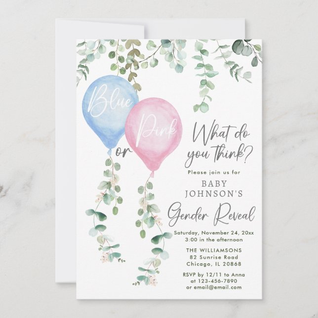 Blue or pink balloons greenery gender reveal invitation (Front)