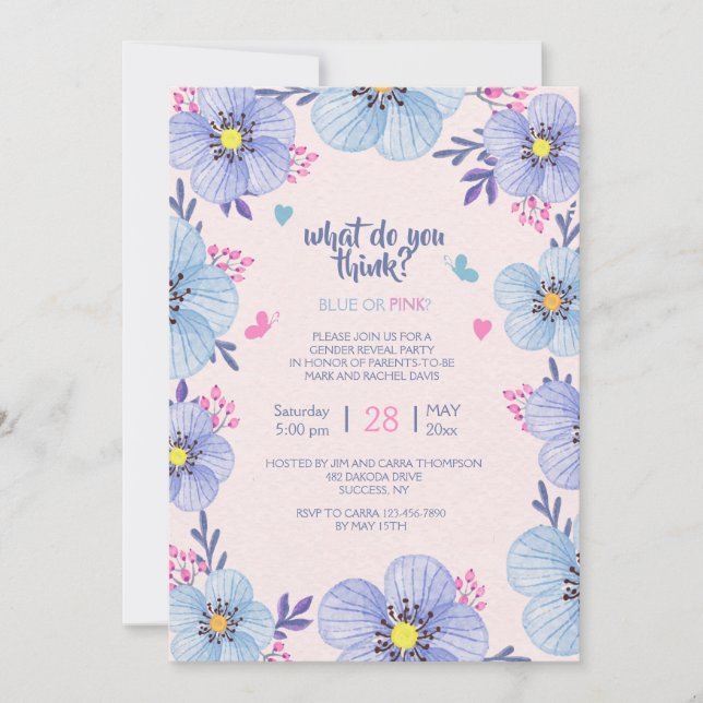 Blue or Pink Floral Gender Reveal Invitation (Front)