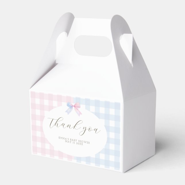 Blue or Pink Gingham baby shower Favour Box Label (Front Side)