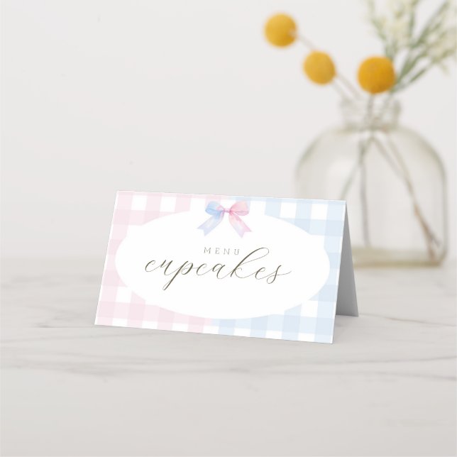 Blue or Pink Gingham Bow folded food menu card (Front)
