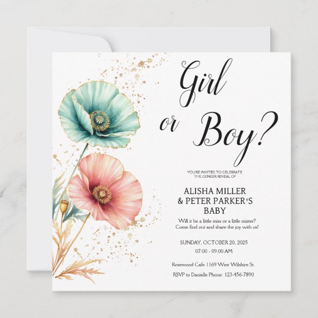 Blue or Pink Watercolor Gender Reveal Invitation (Front)