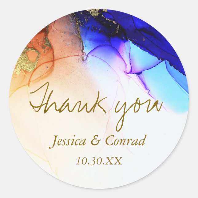 Blue Orange Abstract Wedding Thank You Classic Round Sticker (Front)