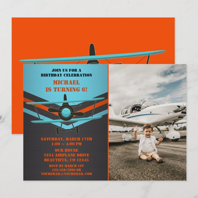 Blue, Orange Airplane Aviation Biplane Birthday Invitation (Front/Back)