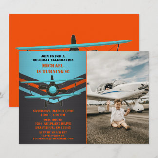 Blue, Orange Airplane Aviation Biplane Birthday Invitation