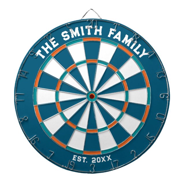 Blue, Orange and Aqua Family Dartboard with Darts (Front)