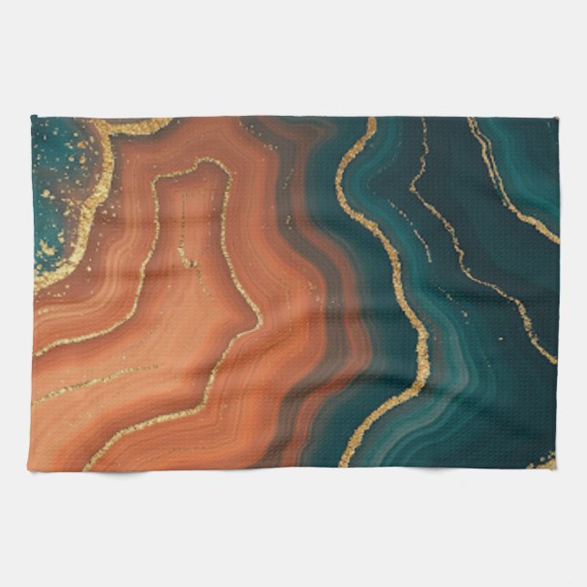 Blue Orange and Gold Geode-Inspired Kitchen Towel (Horizontal)