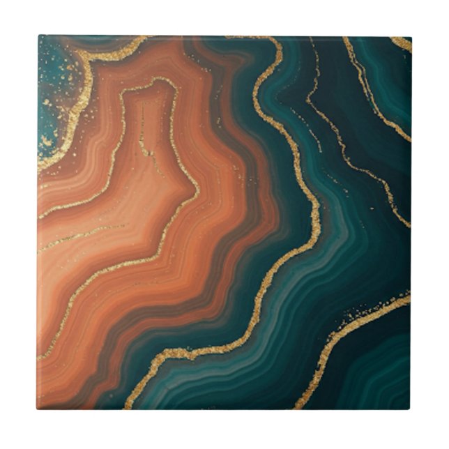 Blue Orange and Gold Geode-Inspired Tile (Front)