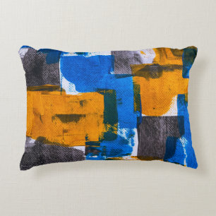 Blue, orange, and gray abstract art accent pillow