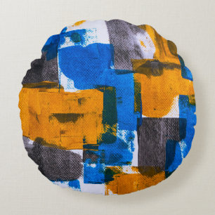 Blue, orange, and gray abstract art round pillow