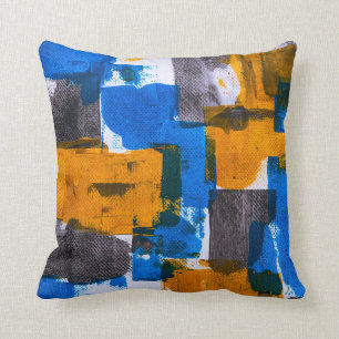 Blue, orange, and gray abstract art throw pillow
