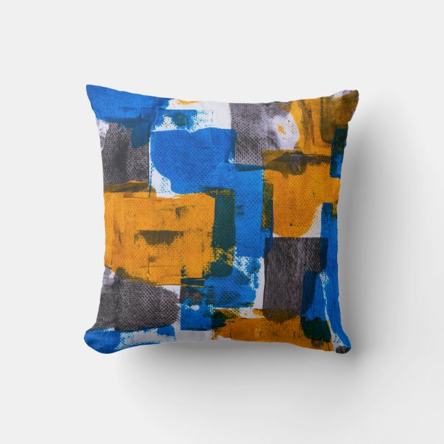 Blue, orange, and grey abstract art throw pillow (Front)