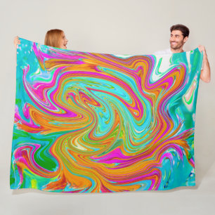 Blue, Orange and Hot Pink Groovy Abstract Retro Fleece Blanket