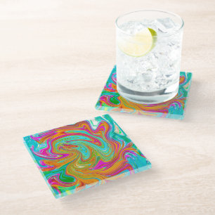 Blue, Orange and Hot Pink Groovy Abstract Retro Glass Coaster