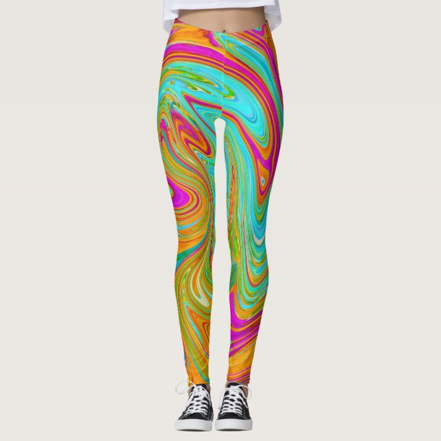 Blue, Orange and Hot Pink Groovy Abstract Retro Leggings (Front)