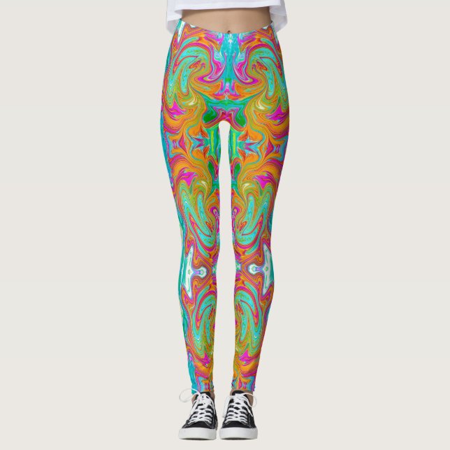 Blue, Orange and Hot Pink Groovy Abstract Retro Leggings (Front)