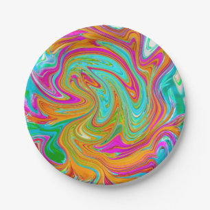 Blue, Orange and Hot Pink Groovy Abstract Retro Paper Plate