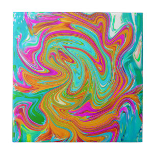 Blue, Orange and Hot Pink Groovy Abstract Retro Tile