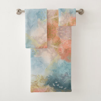 Blue orange and pink abstract designed bath towel set