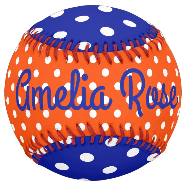 Blue Orange and White Polka Dot Personalized Softball (Front)