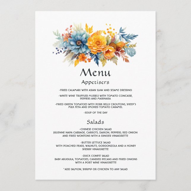 Blue, Orange and Yellow Floral Wedding Menu (Front)