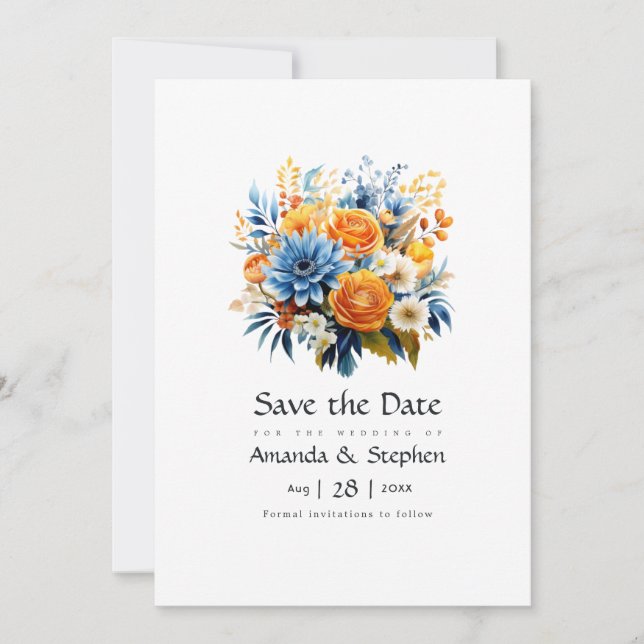 Blue, Orange and Yellow Floral Wedding Save The Date (Front)