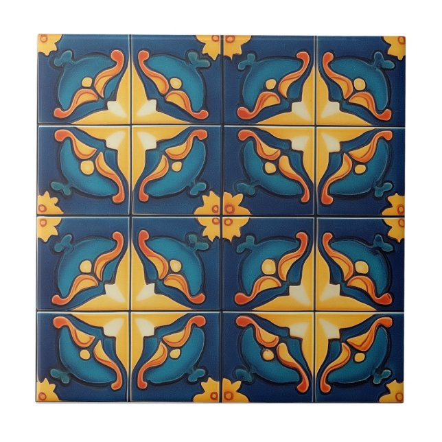 Blue Orange and Yellow Pattern Ceramic Tile (Front)